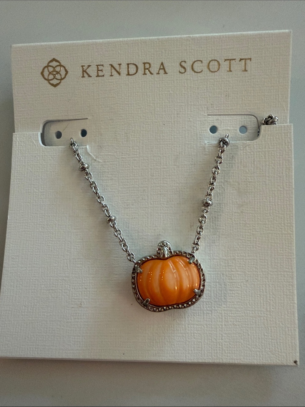 Kendra Scott Silver Chain Necklace with Orange Pumpkin Pendant